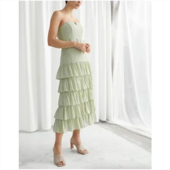 & Other Stories Layered Belted Strapless Midi Dress in Light Green - Picture 1 of 8
